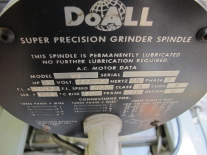 LOT TO INCLUDE: (1) DOALL SUPER PRECISION GRINDING SPINDLE, MACHINE MODEL# VS618-2, 440 V, 3 PHASE, 60 HZ, 3.95 A, ATTACHED WESTINGHOUSE AC MOTOR, 1 HP, 1725 RPM, TYPE SPFO, 230/460 V, 3 PHASE, 3.6 A, (7) FACE SHIELDS. LOADING & HANDLING FEE $15-4022